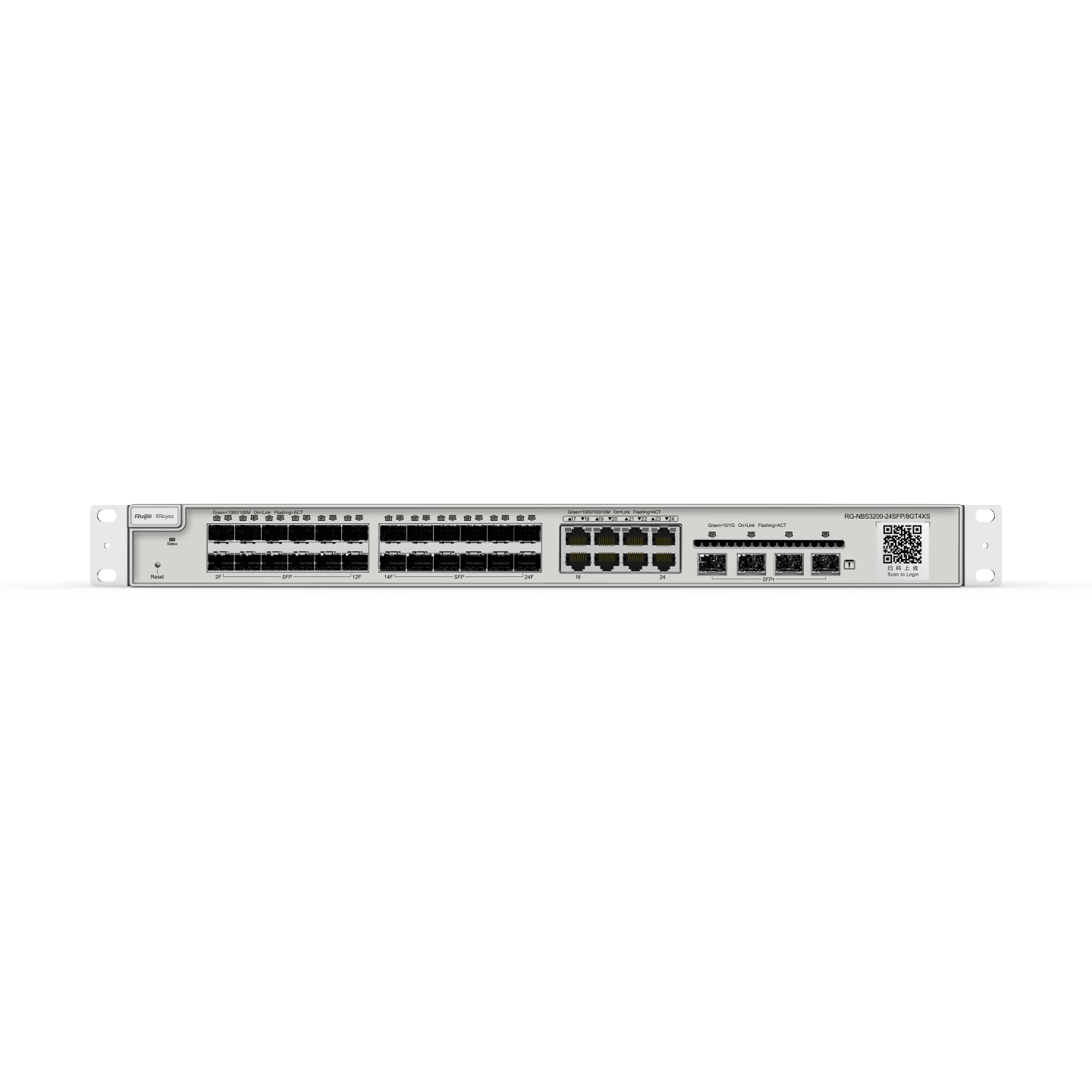 Reyee RG-NBS3200-24SFP/8GT4XS , 24-Port SFP L2 Managed 10G Switch, 24  SFP Slots, 8 Gigabit RJ45 Combo Ports, 4 *10G SFP+ Slots, 19-inch Rack-mountable Steel Case